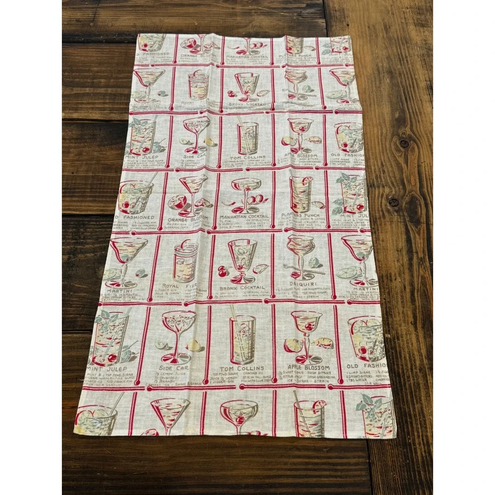 Vintage Cocktail Recipe Tea Towel Linen Kitchen Towel Mid Century Barware MCM